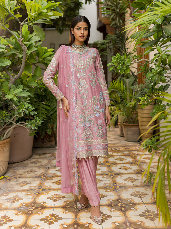 3PC STITCHED COTTON NET EMBROIDERED SUIT