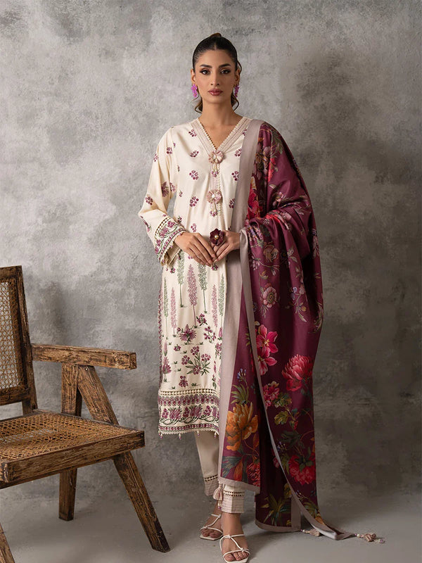 3PC UNSTITCHED EMBROIDERED LUXURY COTTEL SUIT