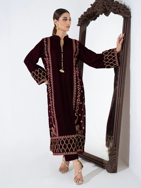 2Pc Stitched Embroidered Velvet Dress