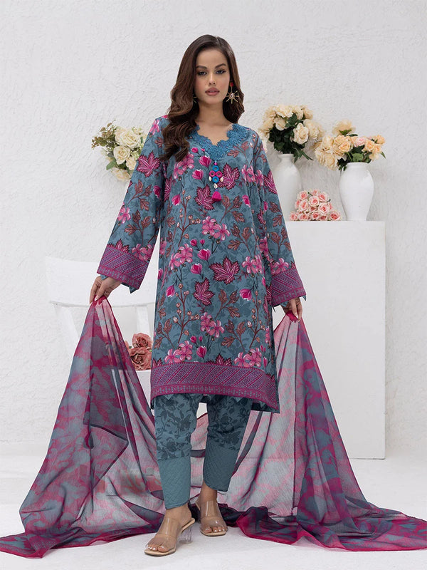 3PC Unstitched Printed Lawn Silk Suit (ASI070)