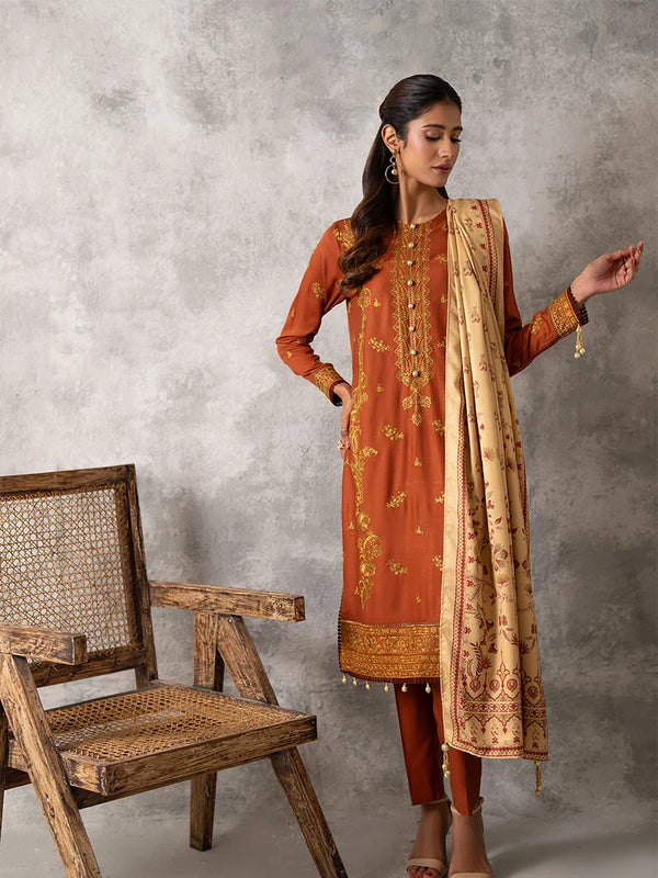 3PC UNSTITCHED EMBROIDERED LUXURY COTTEL SUIT