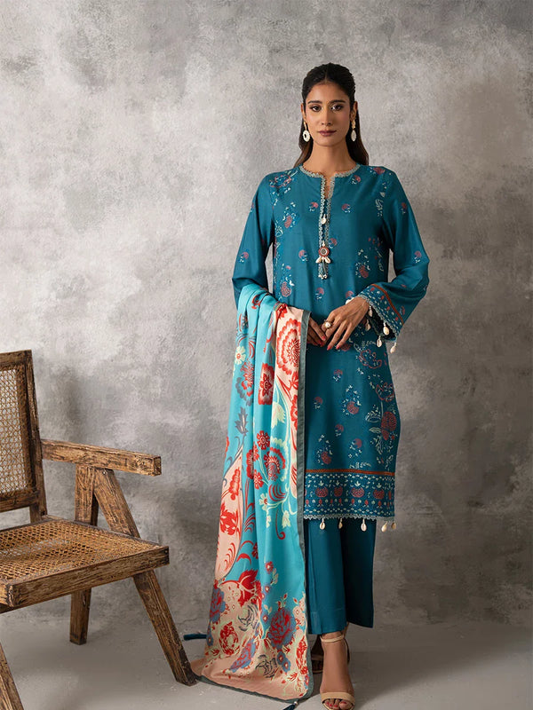 3PC UNSTITCHED EMBROIDERED LUXURY COTTEL SUIT