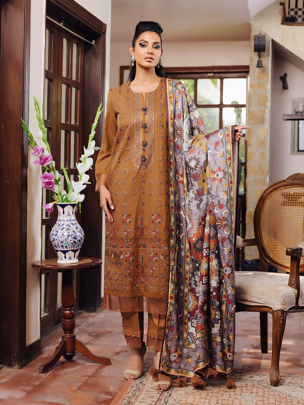 3pc Unstitched Winter Embroidered Suit With Shawl Peach Leather (PLEMB-05UT) - SalitexOnline