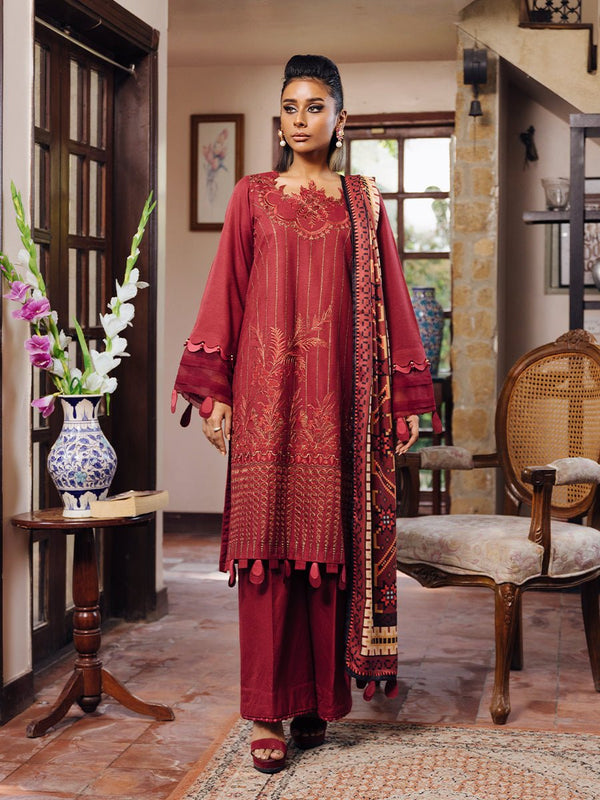 3pc Unstitched Winter Embroidered Suit With Shawl Peach Leather (PLEMB-07UT) - SalitexOnline