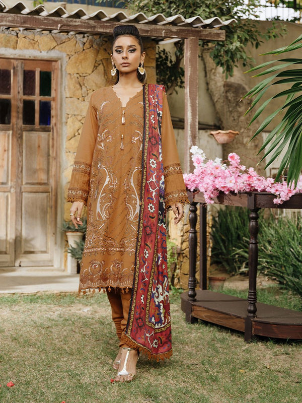 3pc Unstitched Winter Embroidered Suit With Shawl Peach Leather (PLEMB-08UT) - SalitexOnline