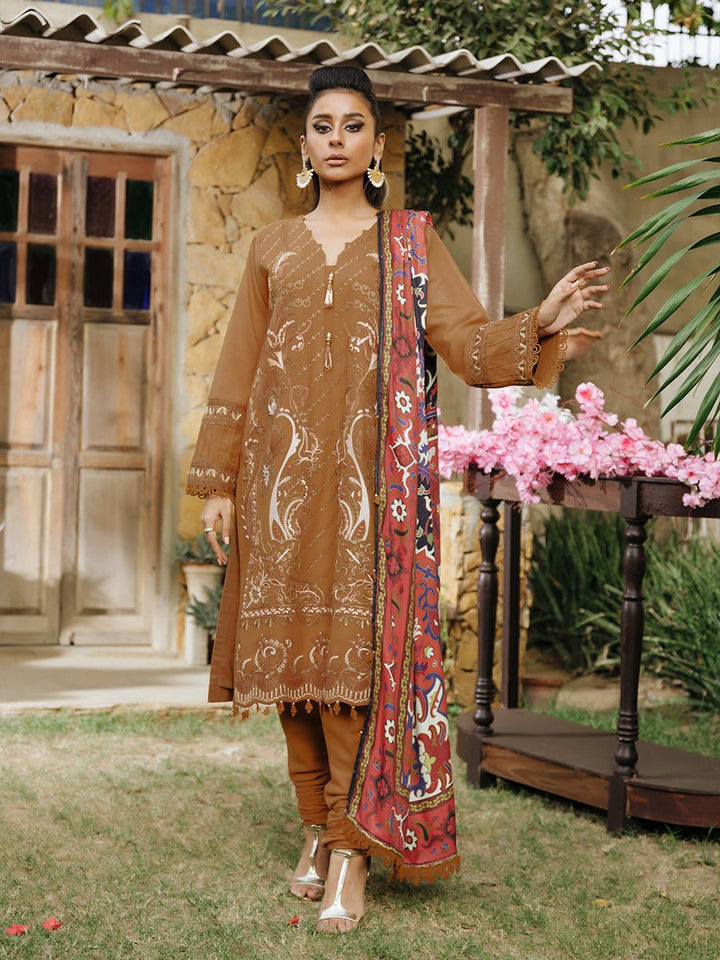 3pc Unstitched Winter Embroidered Suit With Shawl Peach Leather (PLEMB-08UT) - SalitexOnline
