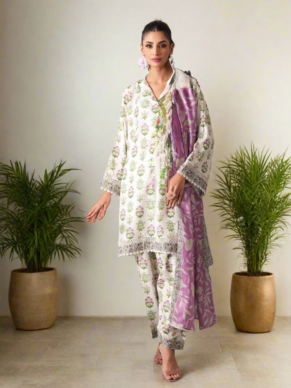 3pc Unstitched - Printed Lawn Silk Suit (ASI032)