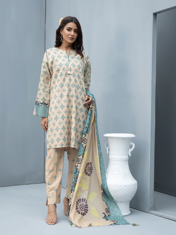 3Pc Unstitched Printed Cambric Slub Shirt  & Lawn Printed Slub Dupatta with Cambric Printed Trouser