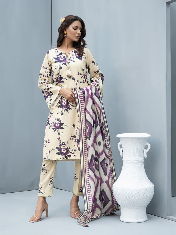 3Pc Unstitched Printed Cambric Slub Shirt  & Lawn Printed Slub Dupatta with Cambric Printed Trouser