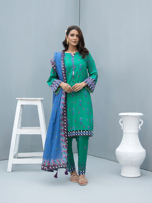 3Pc Unstitched Printed Cambric Slub Shirt  & Lawn Printed Slub Dupatta with Cambric Printed Trouser