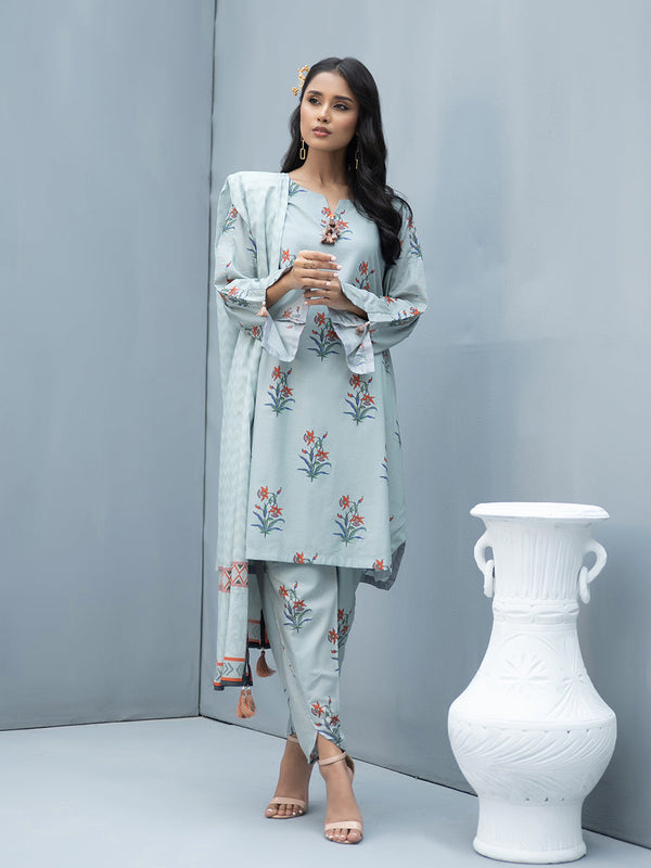 3Pc Unstitched Printed Cambric Slub Shirt  & Lawn Printed Slub Dupatta with Cambric printed Trouser