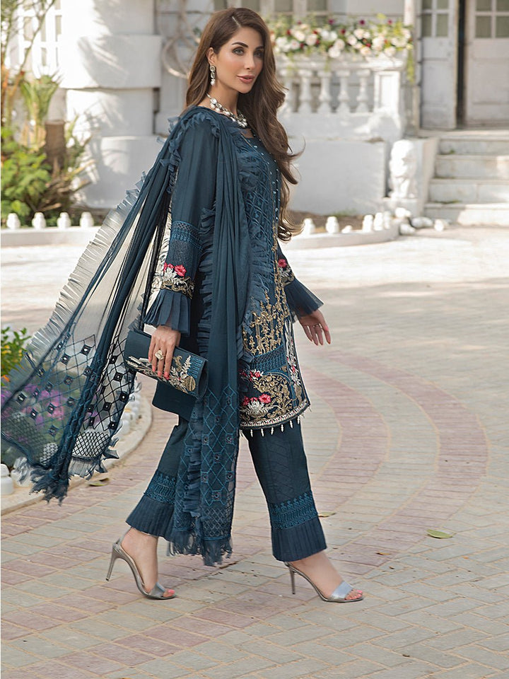 Azure Blue-Unstitched 3pc Heavy Embroidered Luxury Chiffon Suit (HC-00007) - SalitexOnline