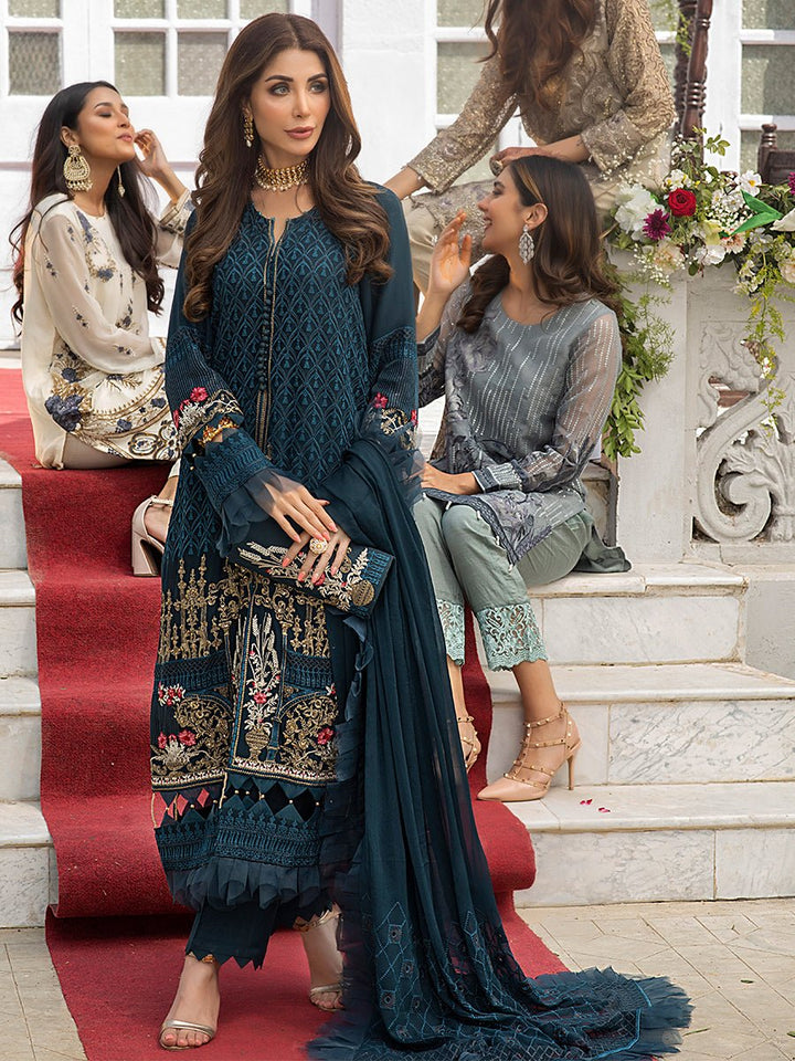 Azure Blue-Unstitched 3pc Heavy Embroidered Luxury Chiffon Suit (HC-00007) - SalitexOnline