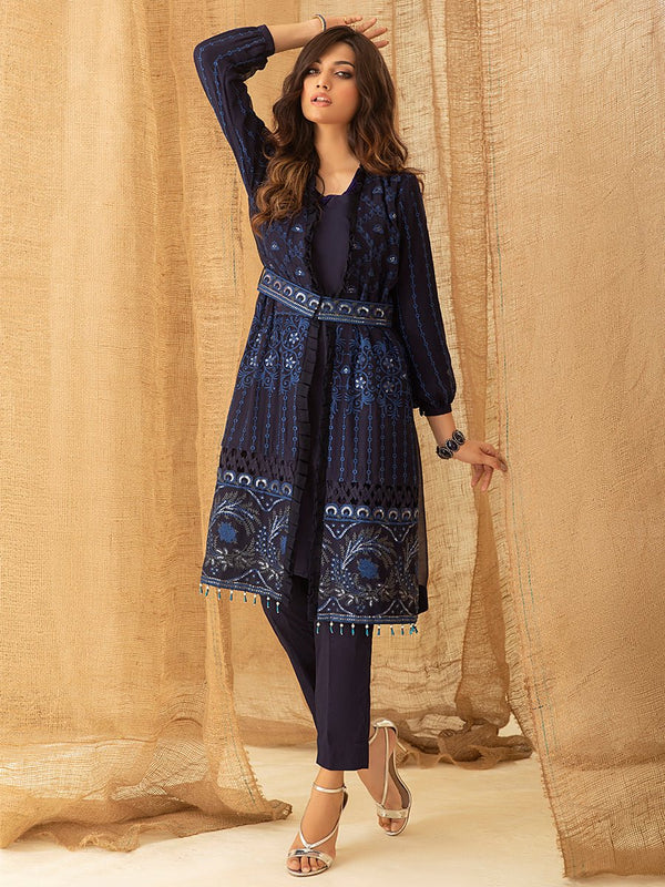 Bold Blue - 1pc Unstitched Luxury Embroidered Chiffon Shirt with Inner (WK-00757) - SalitexOnline