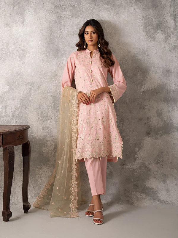 3PC UNSTITCHED CHIKANKARI EMBROIDERED LAWN SUIT