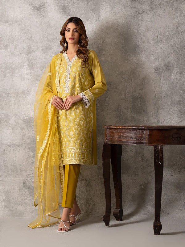 3PC UNSTITCHED CHIKANKARI EMBROIDERED LAWN SUIT