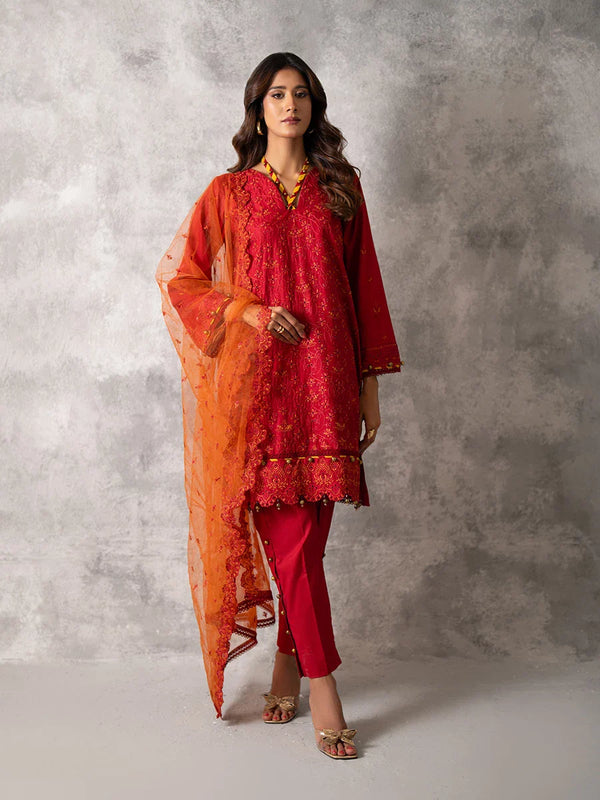 3PC UNSTITCHED CHIKANKARI EMBROIDERED LAWN SUIT