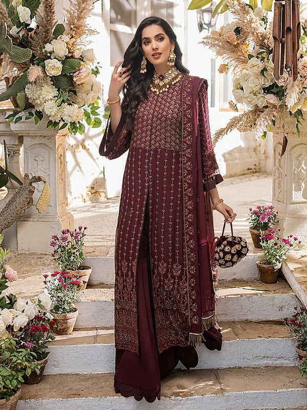 Golden Garnet - Unstitched 3pc - Full Embroidered Chiffon Shirt & Embroidered Chiffon Dupatta with Dyed Raw Silk Trouser - (HC-00010UT) - SalitexOnline