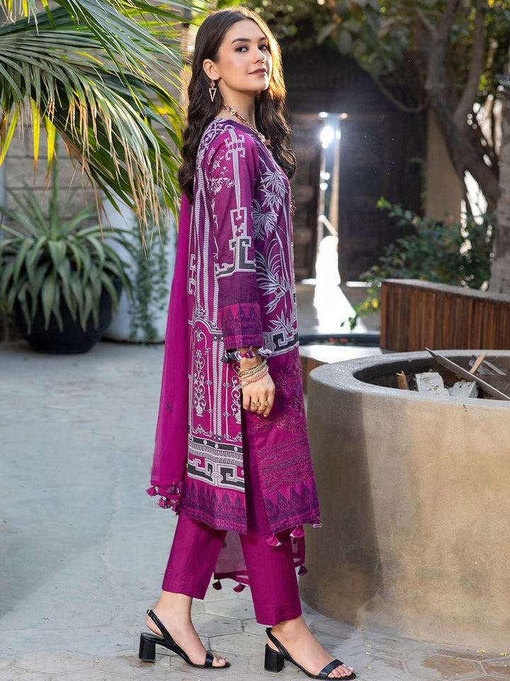 Pretty Magenta-Unstitched 3pc Printed Embroidered Lawn Shirt with Chiffon Embroidered Dupatta & Dyed Cambric Trouser- Shades of Summer (WK-00694A) - SalitexOnline