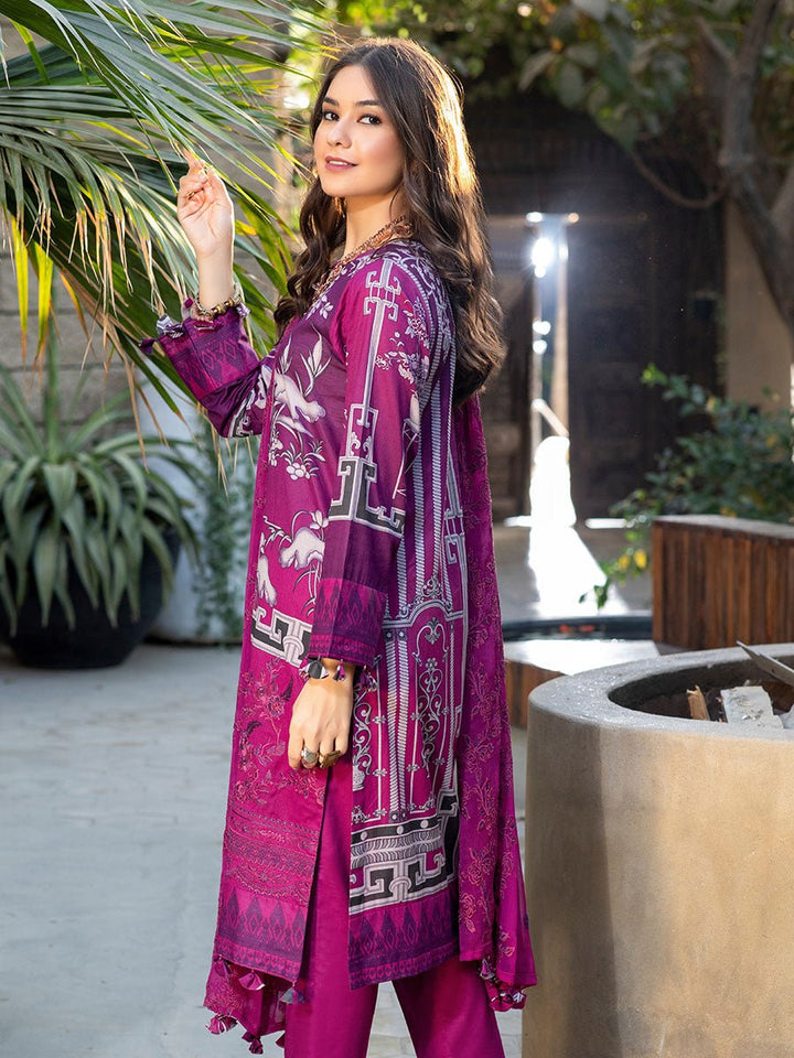 Pretty Magenta-Unstitched 3pc Printed Embroidered Lawn Shirt with Chiffon Embroidered Dupatta & Dyed Cambric Trouser- Shades of Summer (WK-00694A) - SalitexOnline