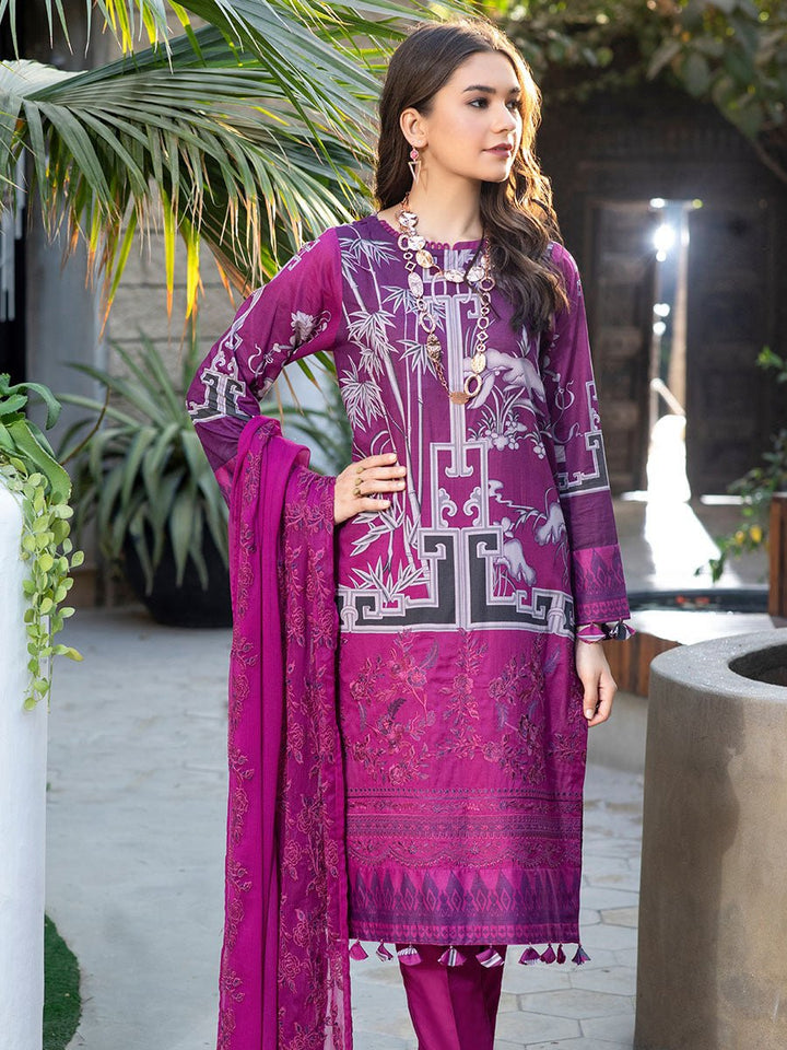 Pretty Magenta-Unstitched 3pc Printed Embroidered Lawn Shirt with Chiffon Embroidered Dupatta & Dyed Cambric Trouser- Shades of Summer (WK-00694A) - SalitexOnline