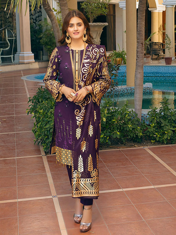 Pink Love-Unstitched 3pc Embroidered Lawn Front with Printed Back & Sleeves with Dyed Cambric Trouser & Foil Printed Organza Dupatta - Oznur Vol.2 (WK-00675B) - SalitexOnline