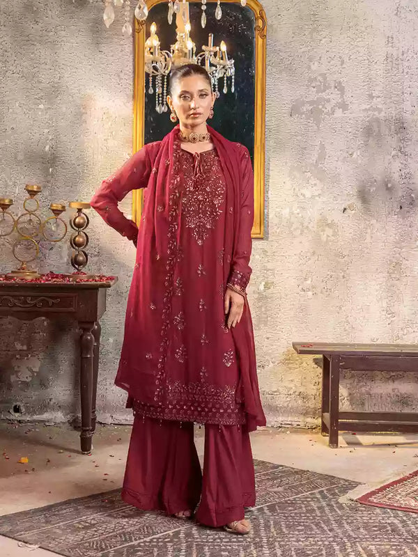3PC Unstitched Chiffon Embroidered Suit (SUNW7CH088)