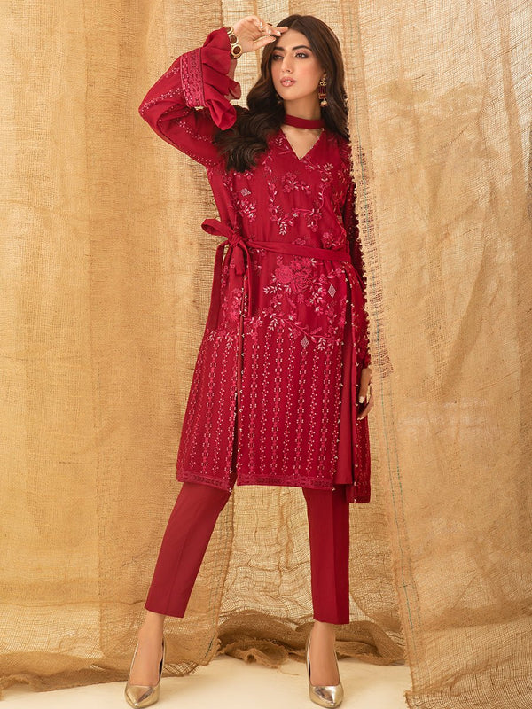 Red Game - 1pc Unstitched Luxury Embroidered Chiffon Shirt with Inner (WK-00755) - SalitexOnline