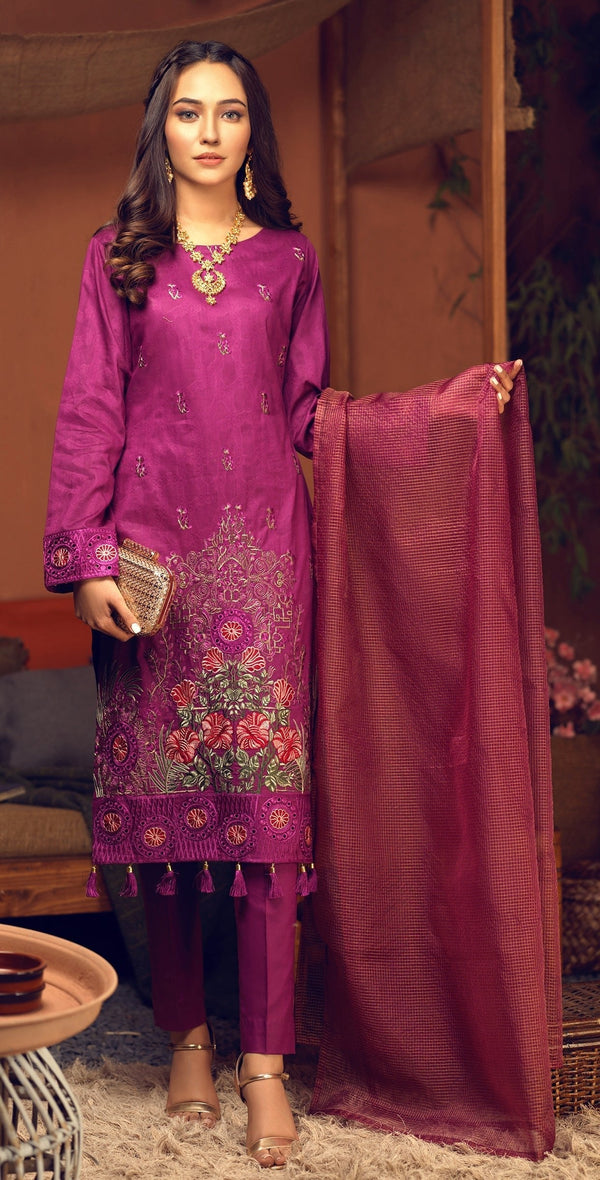 Un-sticthed 3pc Broshia Jacquard Shirt with Embrodered Front & Organza Dupatta (WK-475) - SalitexOnline