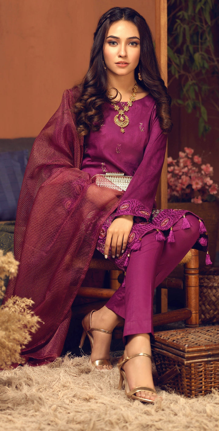 Un-sticthed 3pc Broshia Jacquard Shirt with Embrodered Front & Organza Dupatta (WK-475) - SalitexOnline