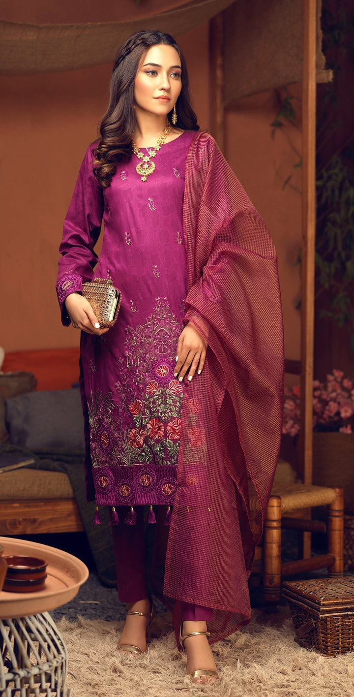 Un-sticthed 3pc Broshia Jacquard Shirt with Embrodered Front & Organza Dupatta (WK-475) - SalitexOnline