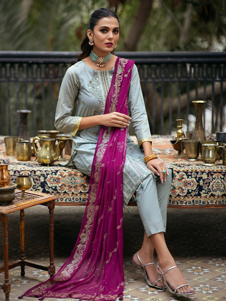 Unstitched 3pc - Heavy Embroidered Shirt Front with Lawn Printed Back & Sleeves With Mukesh Chiffon Dupatta & Dyed Cambric Trouser- Oznur Mukesh (WK-00978UT) - SalitexOnline
