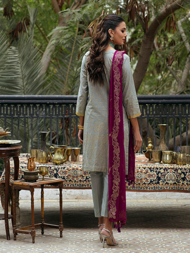 Unstitched 3pc - Heavy Embroidered Shirt Front with Lawn Printed Back & Sleeves With Mukesh Chiffon Dupatta & Dyed Cambric Trouser- Oznur Mukesh (WK-00978UT) - SalitexOnline