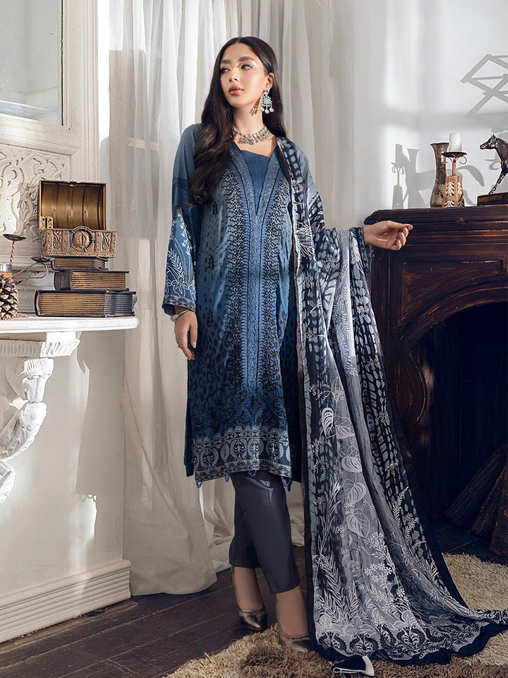 Unstitched 3pc - Linen Digital Printed Embroidered Shirt & Digital Pashmina Shawl with Mukesh Handwork & Dyed Linen Trouser - Oznur (WK-00894) - SalitexOnline
