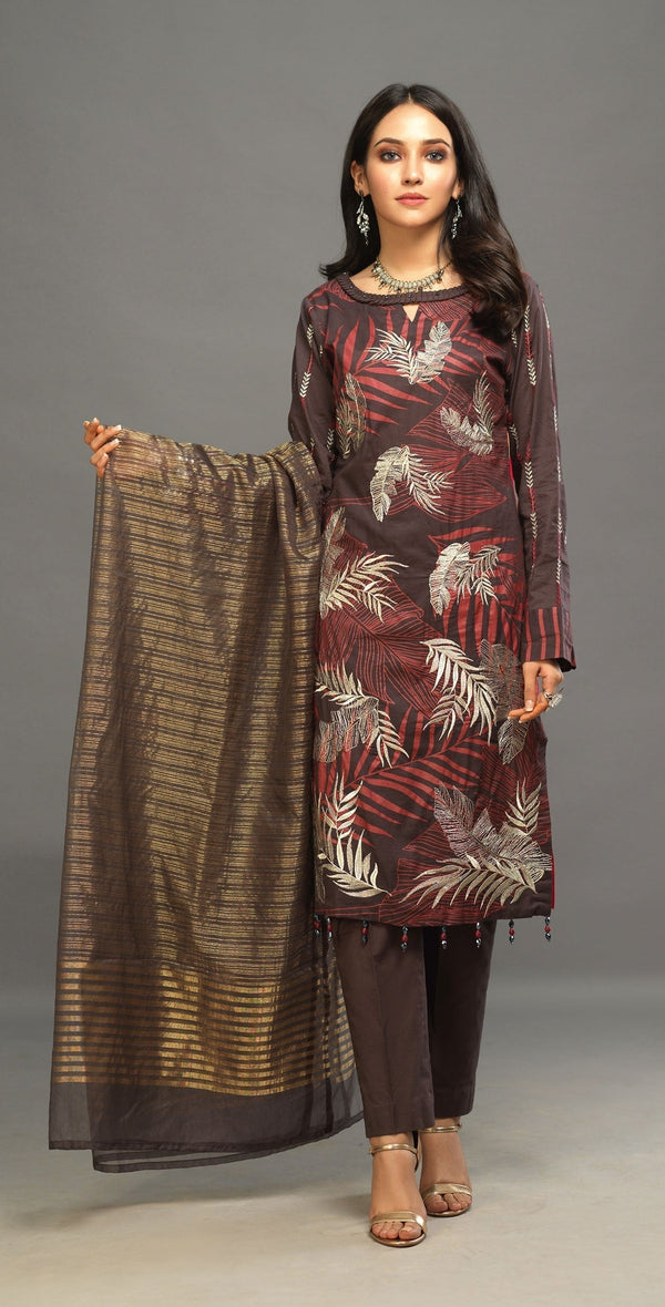 Unstitched 3pc Printed Embroidered Lawn Shirt with Organza Lines Dupatta - Shades (WK-00546B) - SalitexOnline