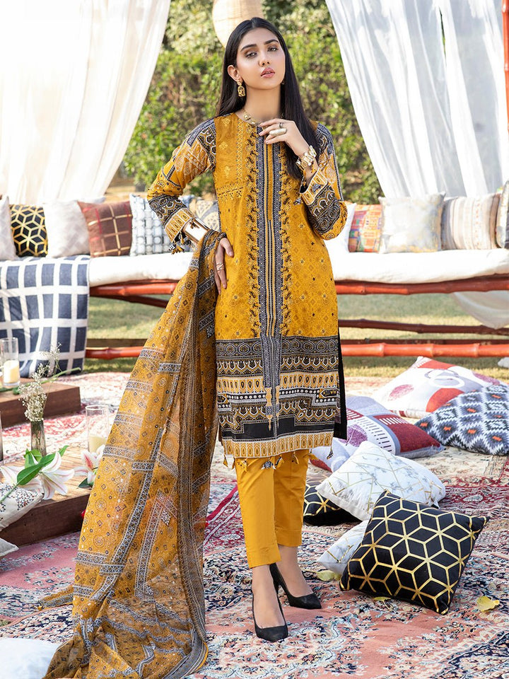 Unstitched 3pc Printed Embroidered Lawn Shirt with Printed Chiffon Dupatta & Dyed Cambric Trouser - Z'ure (WK-00700B) - SalitexOnline