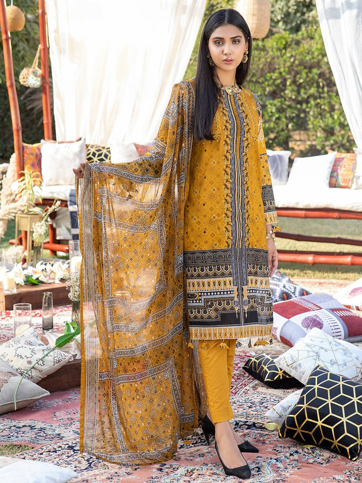 Unstitched 3pc Printed Embroidered Lawn Shirt with Printed Chiffon Dupatta & Dyed Cambric Trouser - Z'ure (WK-00700B) - SalitexOnline