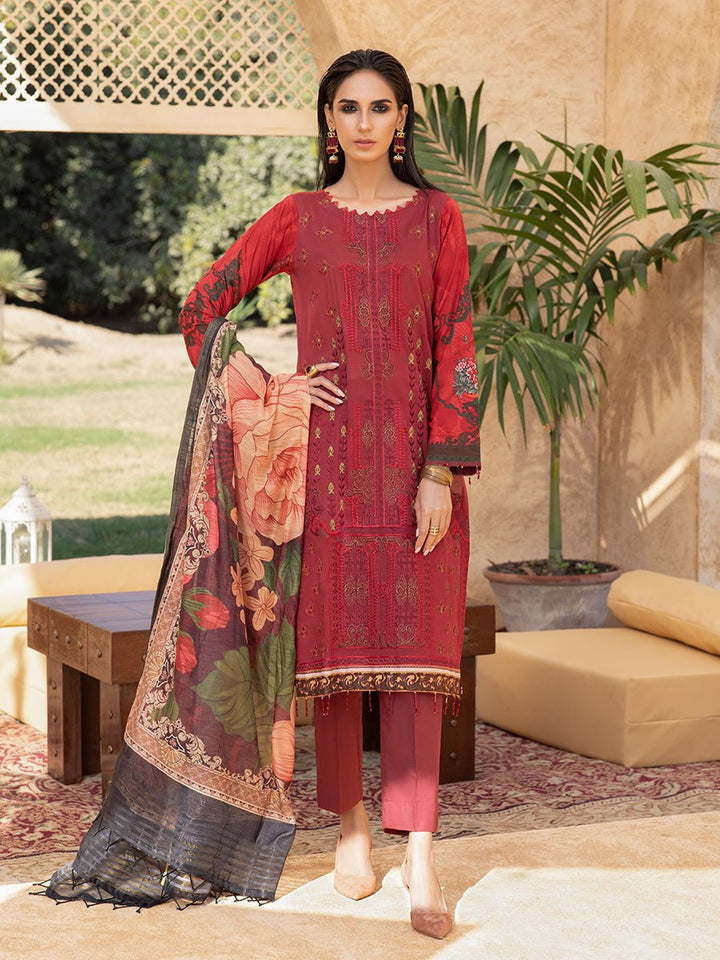 Vivid Pearl-Unstitched 3pc - Lawn Embroidered Front with Lawn Printed Back & Sleeves with Digital Printed Monar Dupatta & Dyed Cambric Trouser-Rococo (WK-00667B) - SalitexOnline
