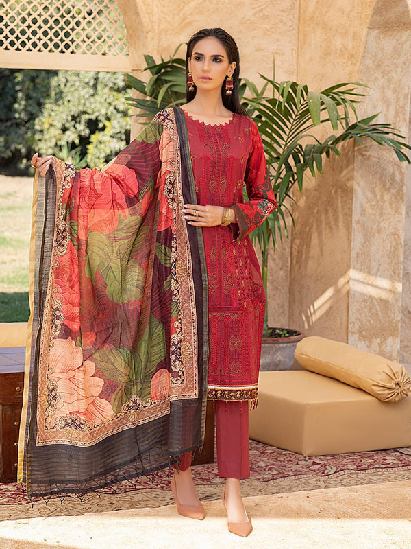 Vivid Pearl-Unstitched 3pc - Lawn Embroidered Front with Lawn Printed Back & Sleeves with Digital Printed Monar Dupatta & Dyed Cambric Trouser-Rococo (WK-00667B) - SalitexOnline