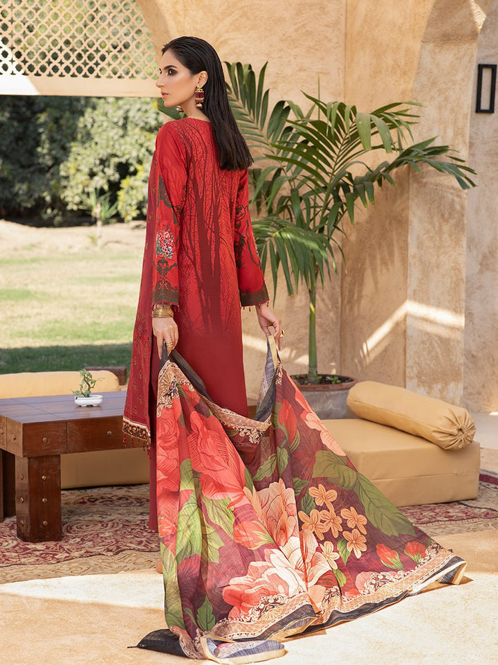 Vivid Pearl-Unstitched 3pc - Lawn Embroidered Front with Lawn Printed Back & Sleeves with Digital Printed Monar Dupatta & Dyed Cambric Trouser-Rococo (WK-00667B) - SalitexOnline
